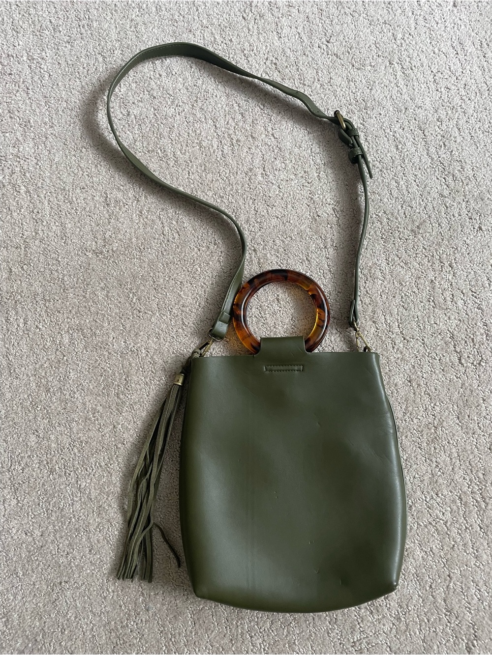 Anthropologie Olive Green Leather Crossbody with Tortoiseshell Ring